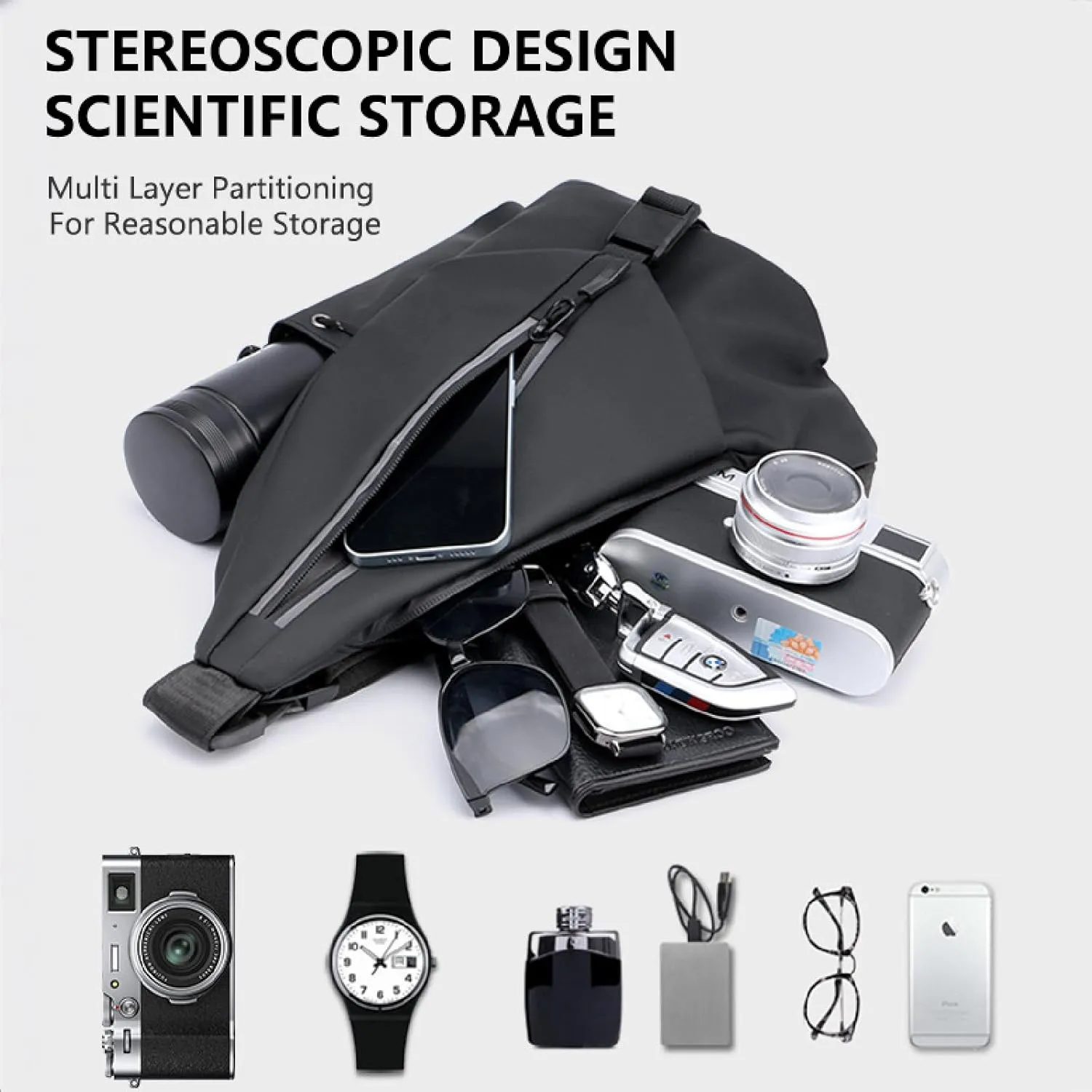 Men Crossbody Bag Sling Waterproof Shoulder Bag Travel Hiking Chest Bag Daypack(Black)