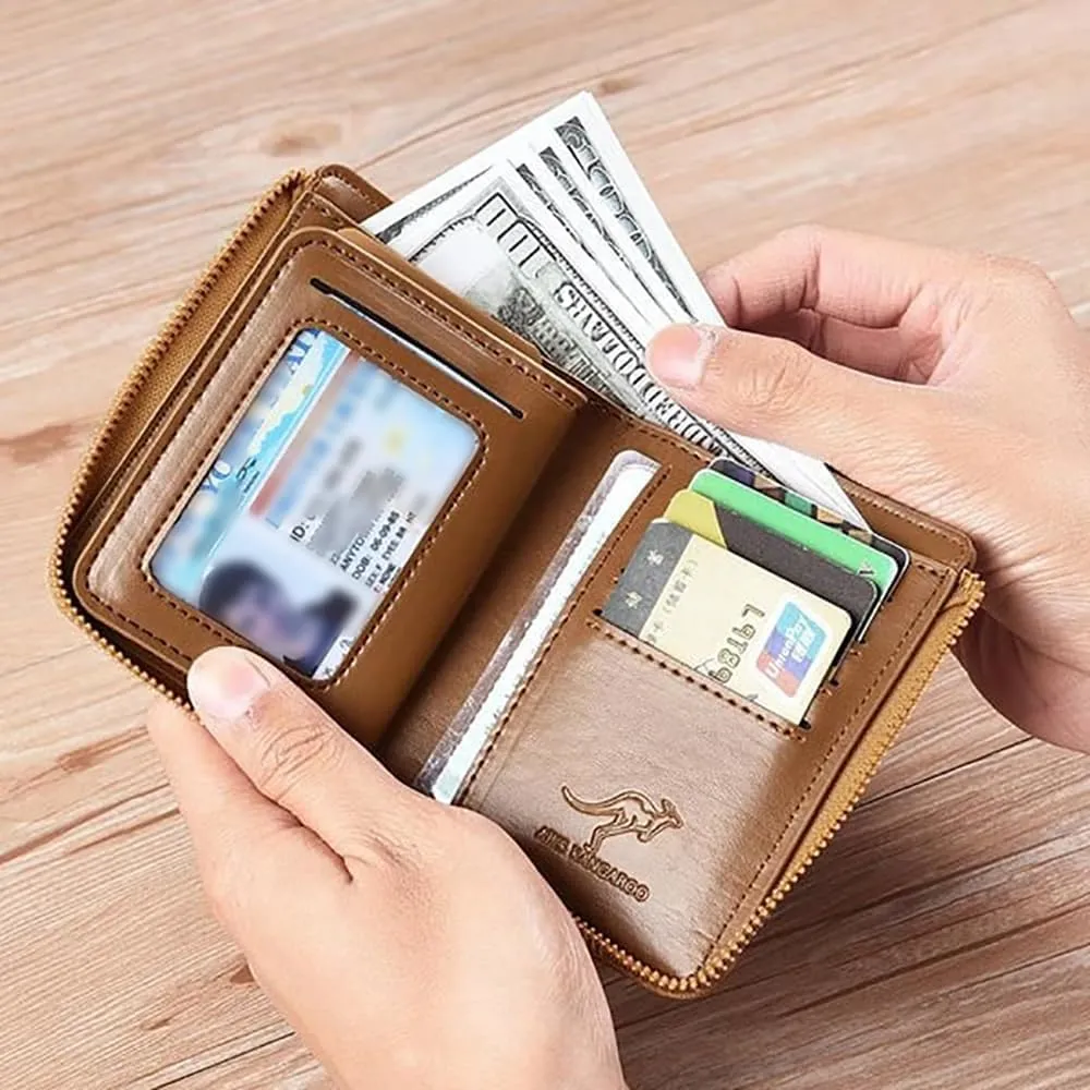 Men Wallet Zipper Purse (RFID PROTECTED), Aiks Kangaroo Wallets, Mens RFID Blocking Leather Wallet Credit Card ID Holder Zipper Purse Waterproof (Retro Black)