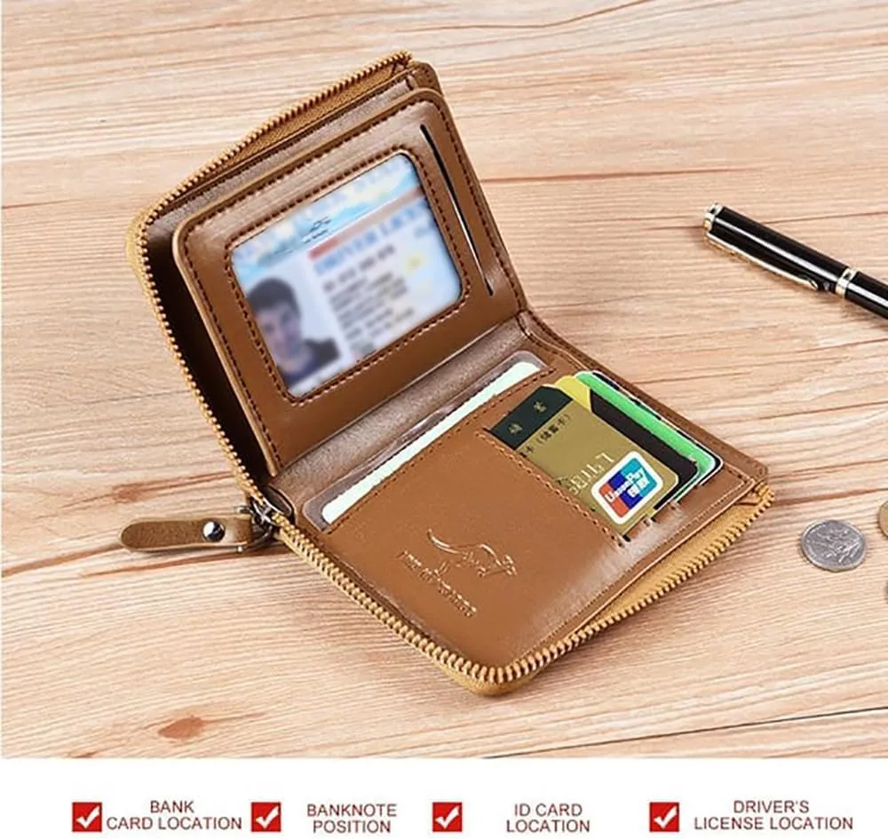 Men Wallet Zipper Purse (RFID PROTECTED), Aiks Kangaroo Wallets, Mens RFID Blocking Leather Wallet Credit Card ID Holder Zipper Purse Waterproof (Retro Black)