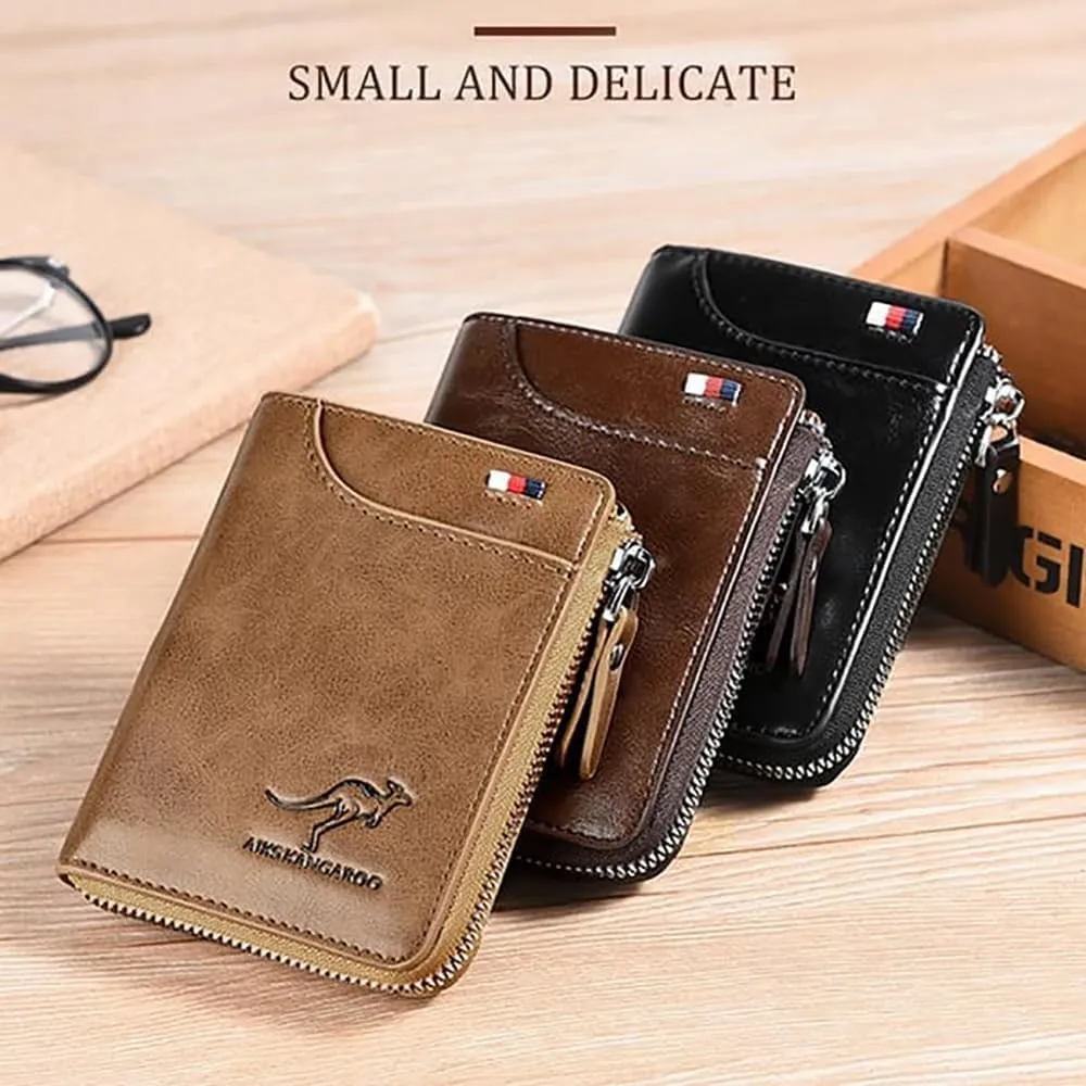 Men Wallet Zipper Purse (RFID PROTECTED), Aiks Kangaroo Wallets, Mens RFID Blocking Leather Wallet Credit Card ID Holder Zipper Purse Waterproof (Retro Black)