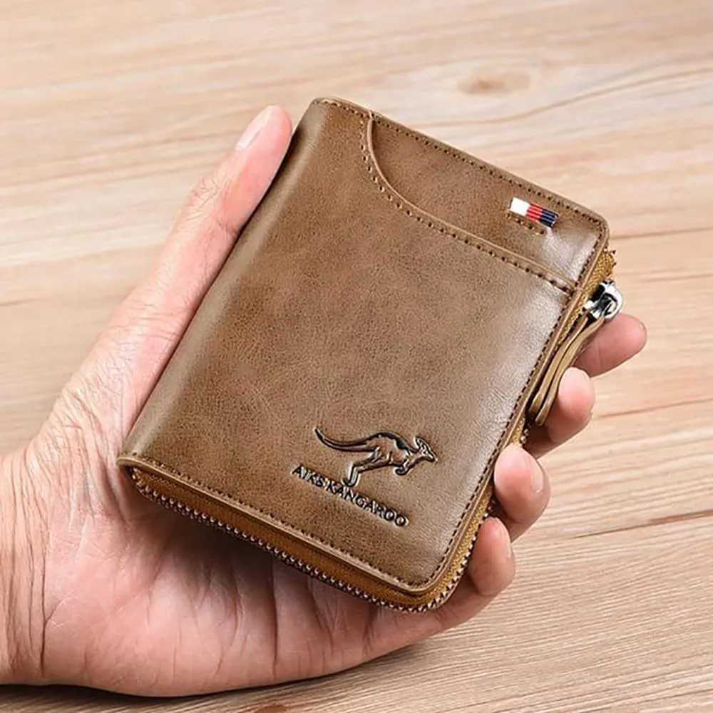 Men Wallet Zipper Purse (RFID PROTECTED), Aiks Kangaroo Wallets, Mens RFID Blocking Leather Wallet Credit Card ID Holder Zipper Purse Waterproof (Retro Black)
