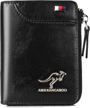 Men Wallet Zipper Purse (RFID PROTECTED), Aiks Kangaroo Wallets, Mens RFID Blocking Leather Wallet Credit Card ID Holder Zipper Purse Waterproof (Retro Black)