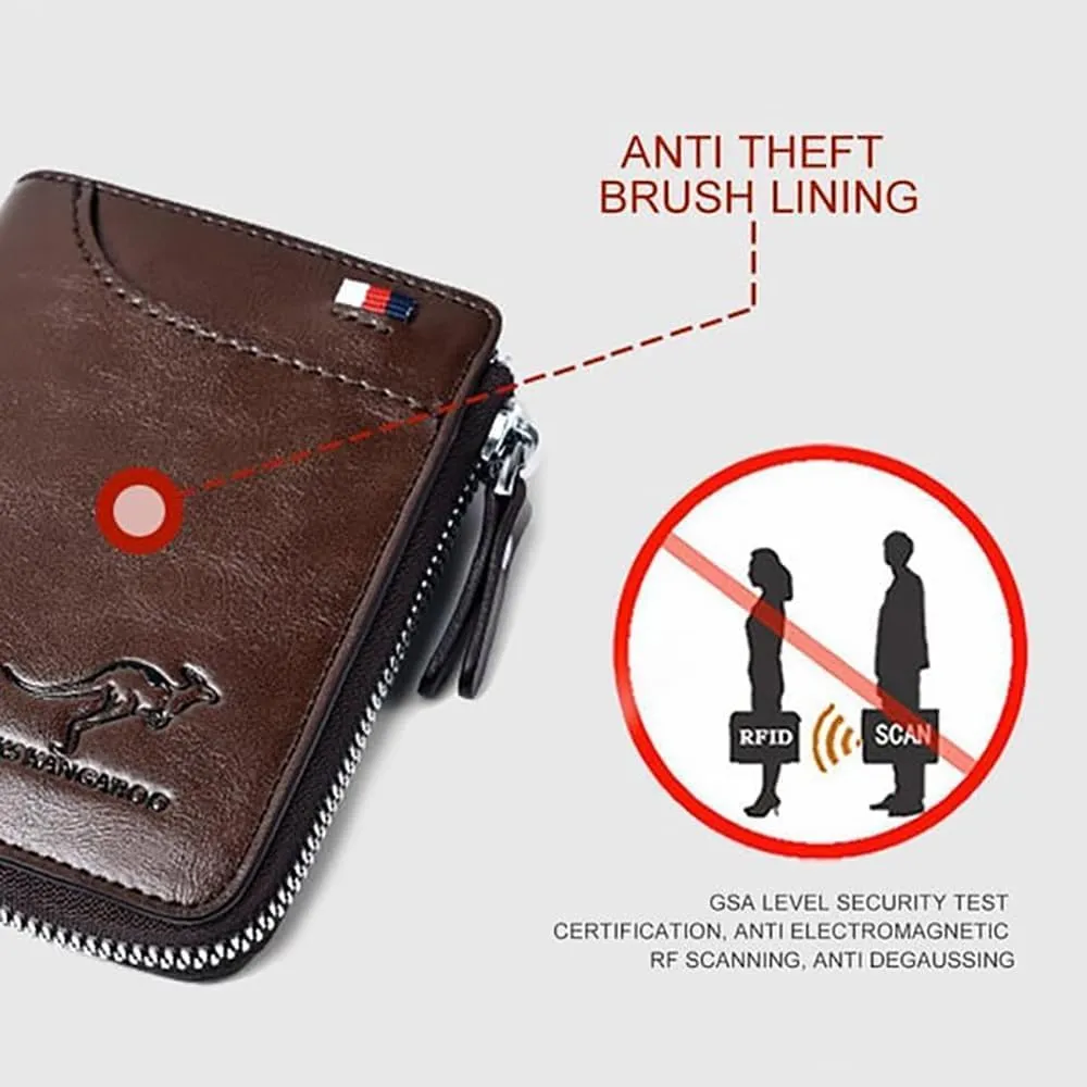 Men Wallet Zipper Purse (RFID PROTECTED), Aiks Kangaroo Wallets, Mens RFID Blocking Leather Wallet Credit Card ID Holder Zipper Purse Waterproof (Retro Black)