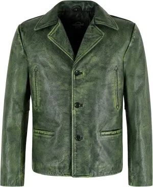 Mens 70's Green Vintage Classic Collared Blazer Real Cowhide Leather Jacket 4162