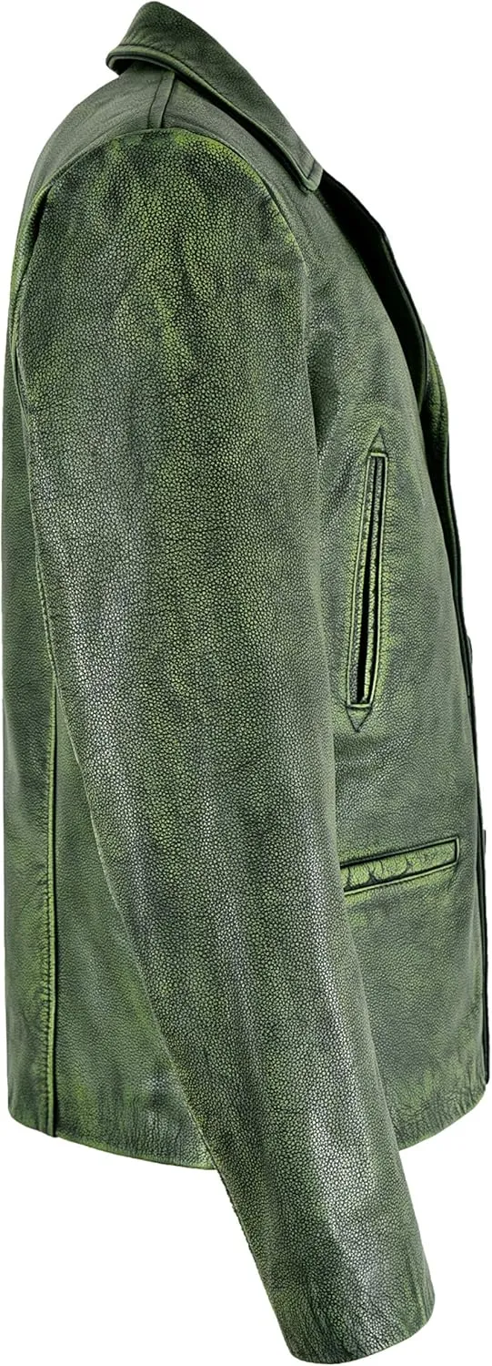 Mens 70's Green Vintage Classic Collared Blazer Real Cowhide Leather Jacket 4162