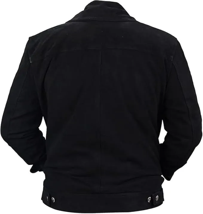 Men's Authentic Black Suede Leather Trucker Jacket - Classic Cowboy Style with Button-Down Design