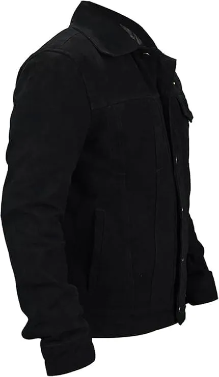 Men's Authentic Black Suede Leather Trucker Jacket - Classic Cowboy Style with Button-Down Design