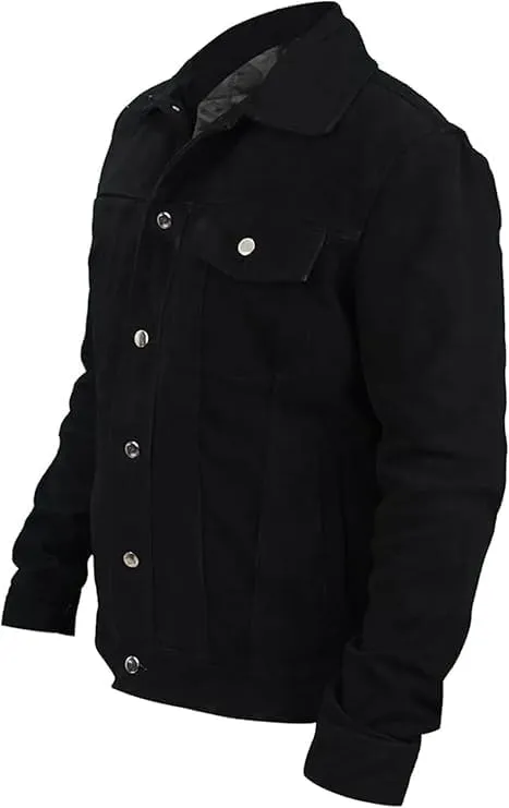 Men's Authentic Black Suede Leather Trucker Jacket - Classic Cowboy Style with Button-Down Design