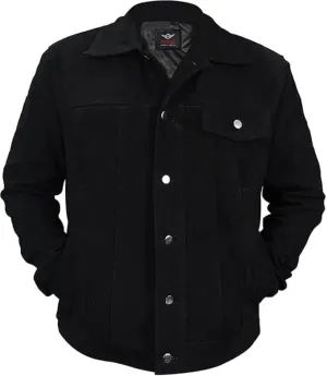 Men's Authentic Black Suede Leather Trucker Jacket - Classic Cowboy Style with Button-Down Design