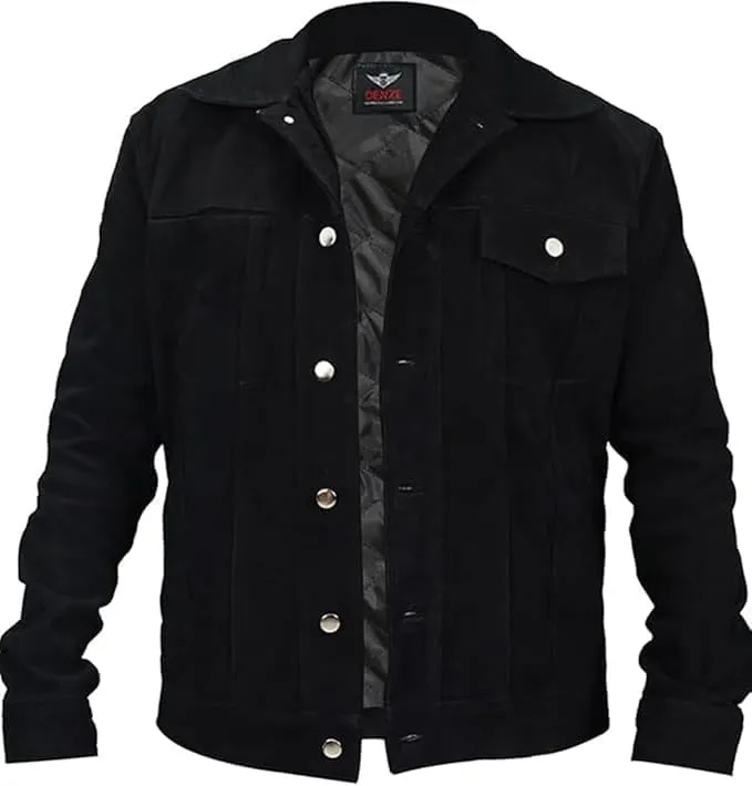 Men's Authentic Black Suede Leather Trucker Jacket - Classic Cowboy Style with Button-Down Design