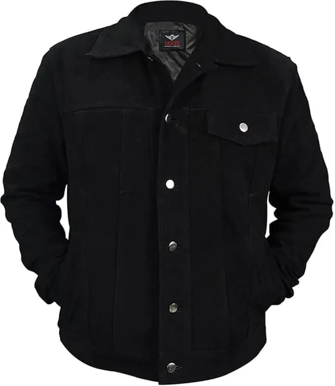 Men's Authentic Black Suede Leather Trucker Jacket - Classic Cowboy Style with Button-Down Design