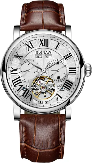 Men's Automatic Tourbillon Vintage Watch - Brown Leather Strap, Skeleton Roman Dial, Day-Date Calendar, 30 ATM Waterproof, Luminous Hands - Classic & Fashion Watch for Men (8970-Brown Band)