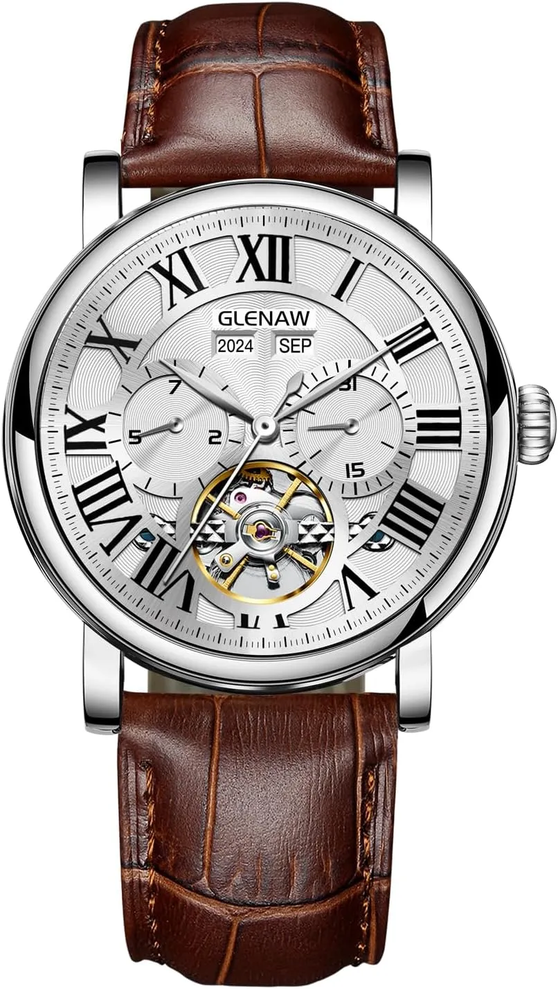 Men's Automatic Tourbillon Vintage Watch - Brown Leather Strap, Skeleton Roman Dial, Day-Date Calendar, 30 ATM Waterproof, Luminous Hands - Classic & Fashion Watch for Men (8970-Brown Band)