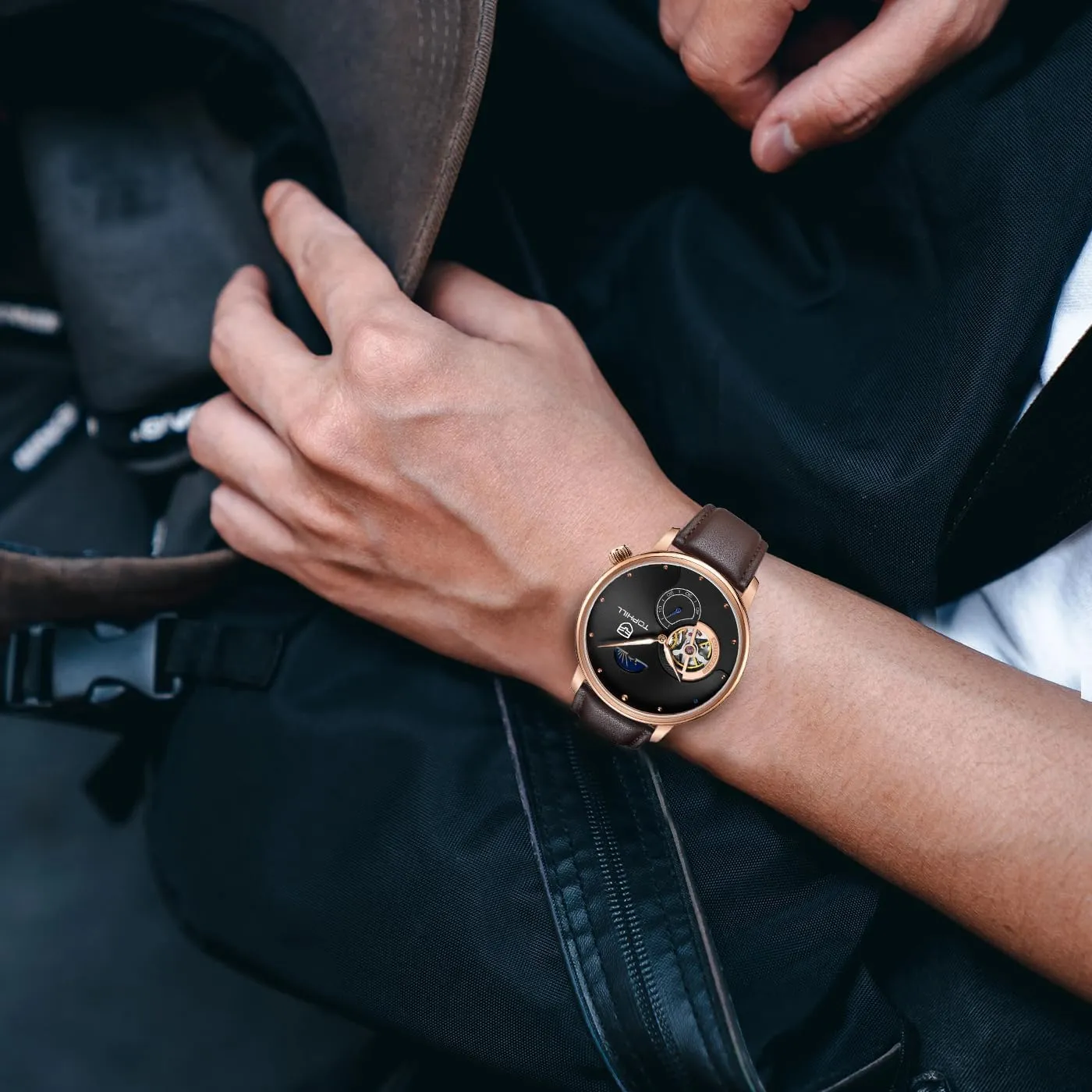 Mens Automatic Watch, Minimalist Black Leather Watch,Sapphire Crystal,Day& Night Display, Skeleton Mechanical, Elegant Relojes para Hombres