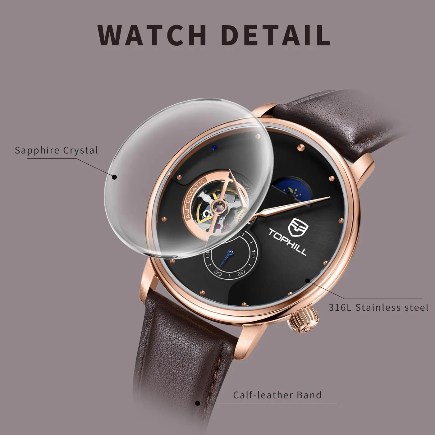 Mens Automatic Watch, Minimalist Black Leather Watch,Sapphire Crystal,Day& Night Display, Skeleton Mechanical, Elegant Relojes para Hombres