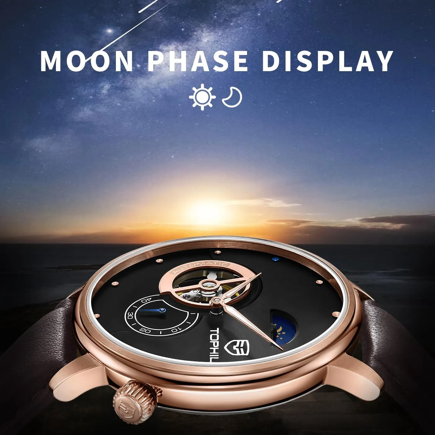 Mens Automatic Watch, Minimalist Black Leather Watch,Sapphire Crystal,Day& Night Display, Skeleton Mechanical, Elegant Relojes para Hombres