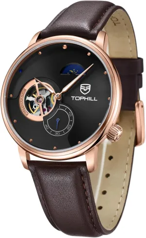 Mens Automatic Watch, Minimalist Black Leather Watch,Sapphire Crystal,Day& Night Display, Skeleton Mechanical, Elegant Relojes para Hombres