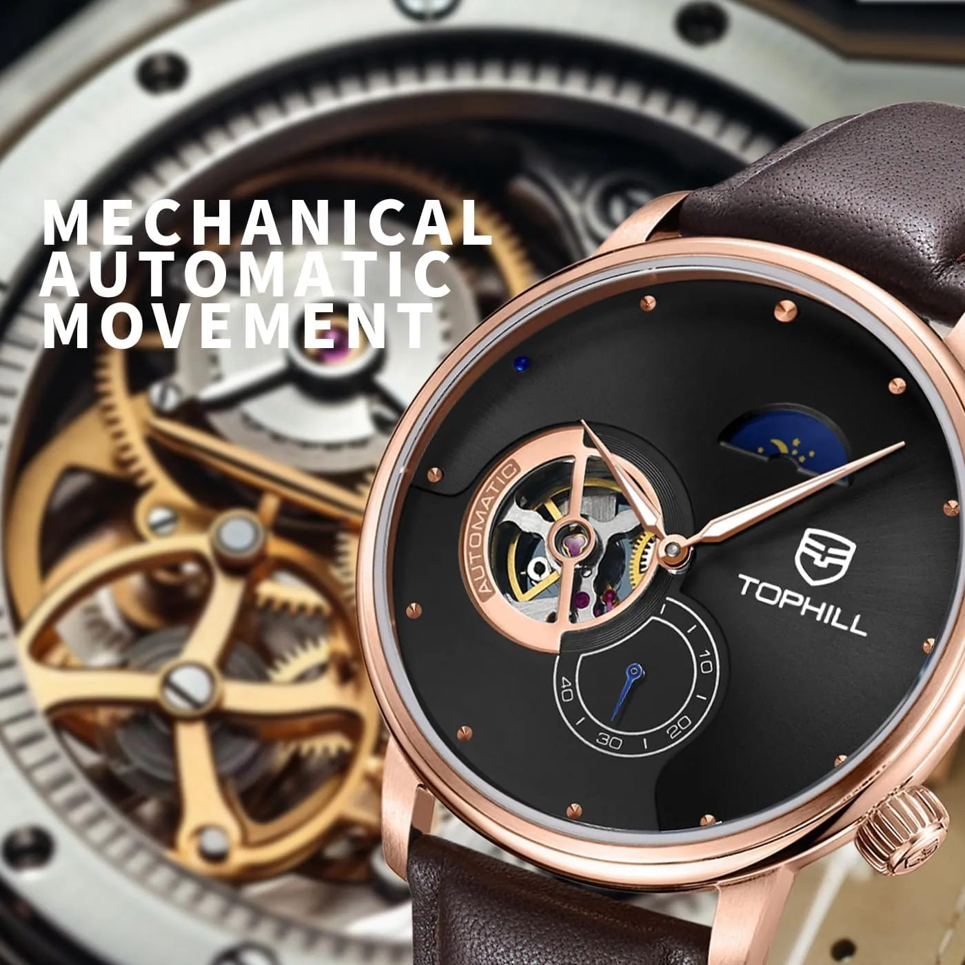 Mens Automatic Watch, Minimalist Black Leather Watch,Sapphire Crystal,Day& Night Display, Skeleton Mechanical, Elegant Relojes para Hombres