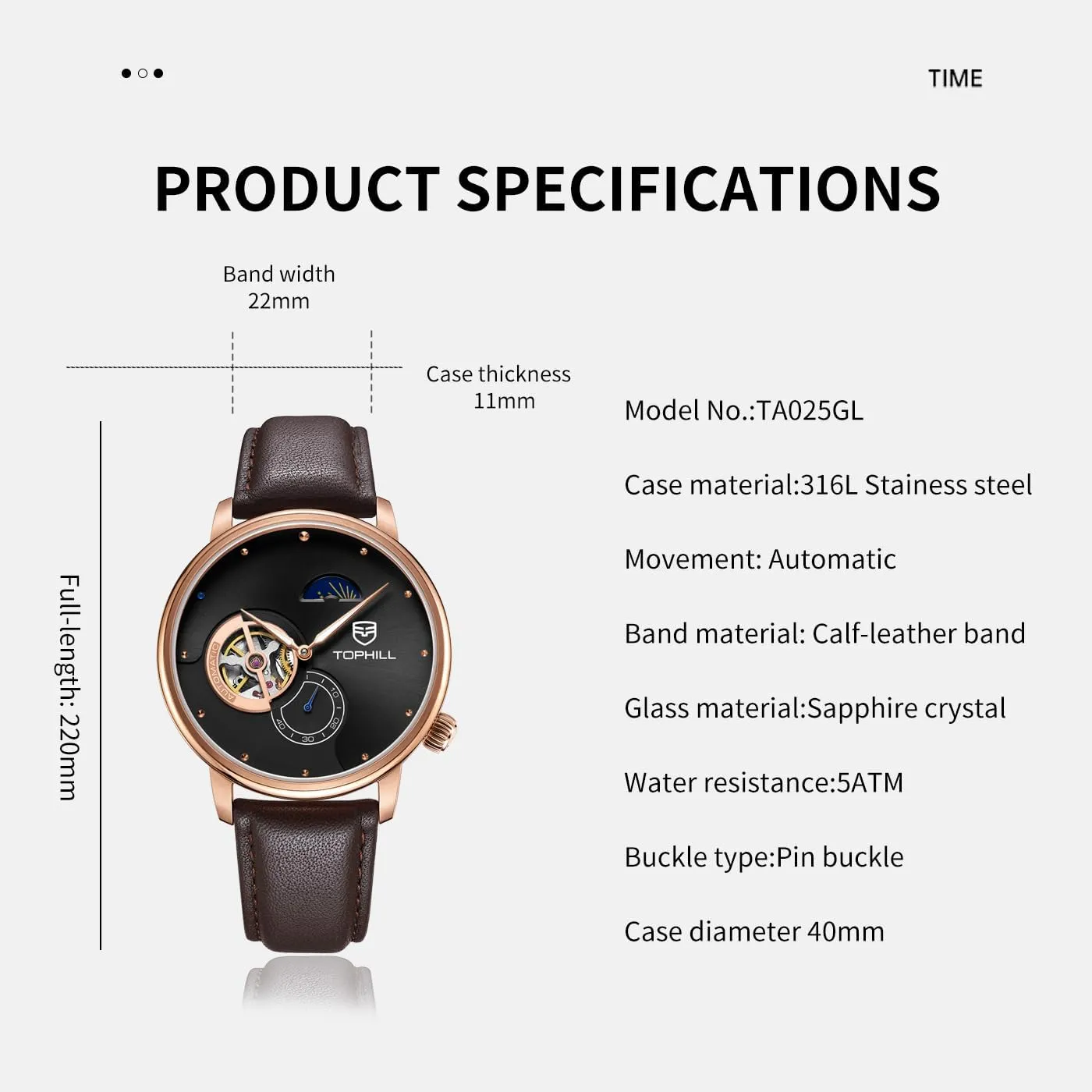 Mens Automatic Watch, Minimalist Black Leather Watch,Sapphire Crystal,Day& Night Display, Skeleton Mechanical, Elegant Relojes para Hombres