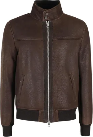 Men's Brown Cowhide Leather Bomber Jacket – Winter Aviator Style with Polyester Insulation & High Collar