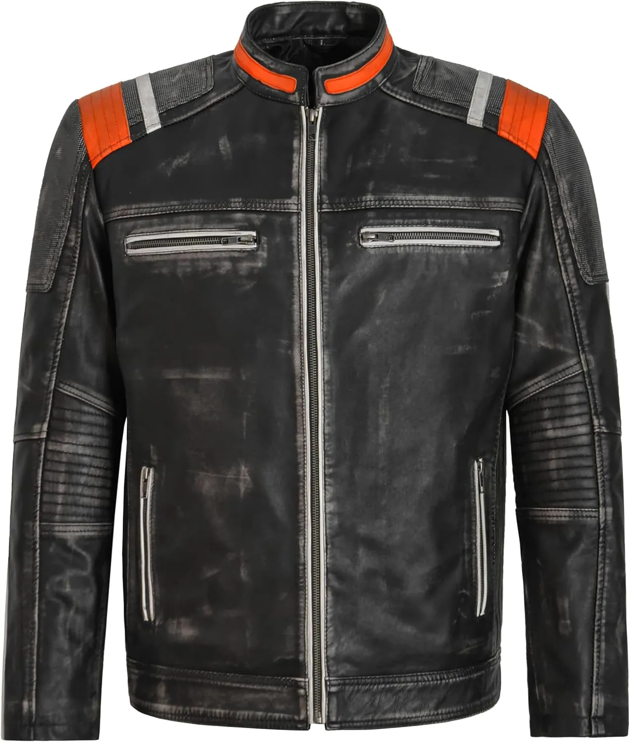 Men's Café Racer Biker Vintage Motorcycle Distressed Retro Real Leather Jacket 4059