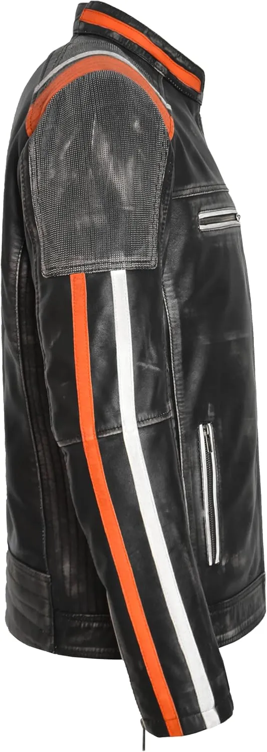 Men's Café Racer Biker Vintage Motorcycle Distressed Retro Real Leather Jacket 4059