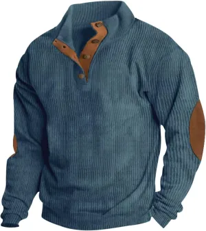 Mens Corduroy Sweater with Elbow Patches Long Sleeve Button Turtleneck Polo Shirts Vintage Waffle Sweatshirts