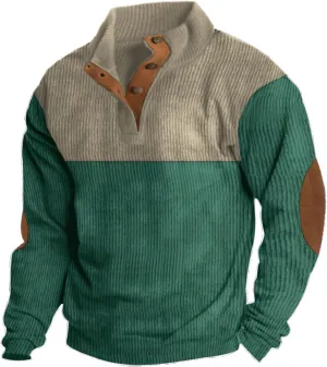 Mens Corduroy Sweater with Elbow Patches Long Sleeve Button Turtleneck Polo Shirts Vintage Waffle Sweatshirts