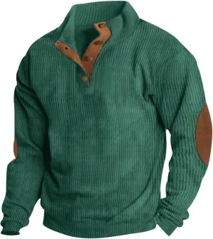 Mens Corduroy Sweater with Elbow Patches Long Sleeve Button Turtleneck Polo Shirts Vintage Waffle Sweatshirts