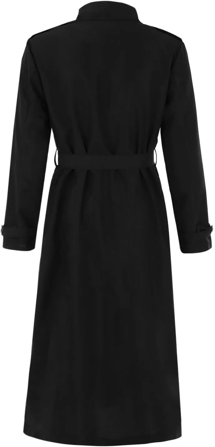 Men's Double Breasted Lace-Up Nylon Trench Coats Fashion Formal Peacoat Jackets Long Lapel Casual Outfits with Pockets