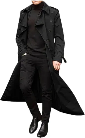 Men's Double Breasted Lace-Up Nylon Trench Coats Fashion Formal Peacoat Jackets Long Lapel Casual Outfits with Pockets