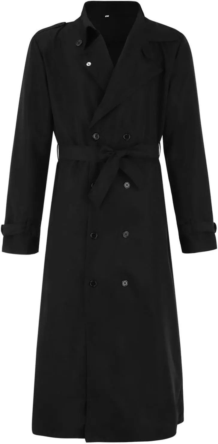 Men's Double Breasted Lace-Up Nylon Trench Coats Fashion Formal Peacoat Jackets Long Lapel Casual Outfits with Pockets
