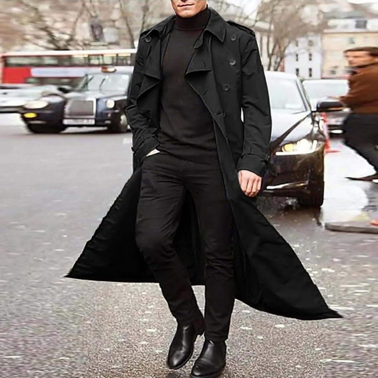 Men's Double Breasted Lace-Up Nylon Trench Coats Fashion Formal Peacoat Jackets Long Lapel Casual Outfits with Pockets