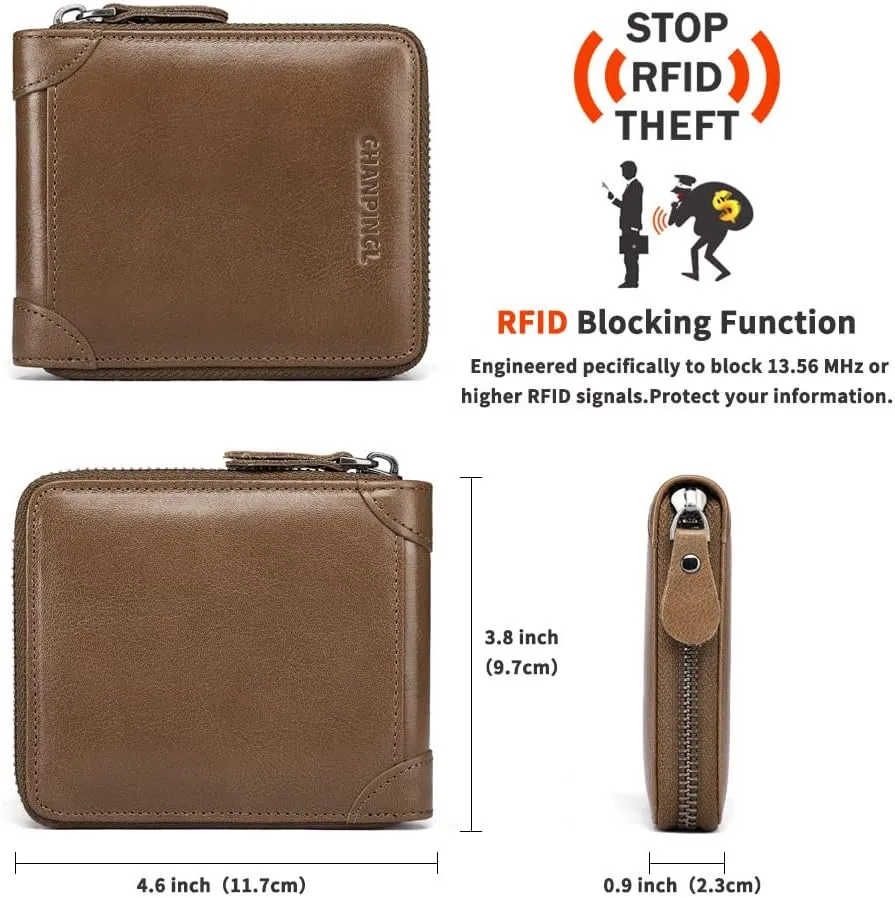 Mens Genuine Leather Zipper Wallet RFID Secure Large Capacity Double Fold Multi-card Leather Wallets for Men and coin purse