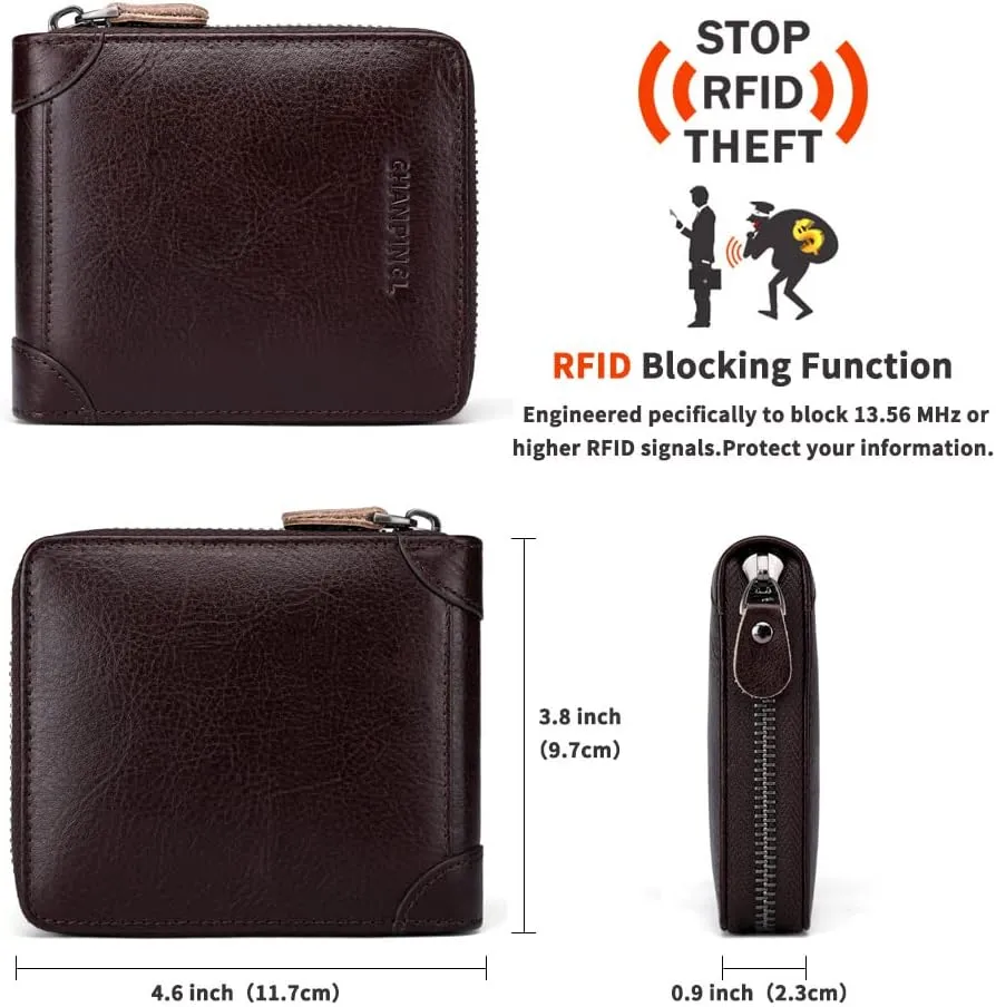 Mens Genuine Leather Zipper Wallet RFID Secure Large Capacity Double Fold Multi-card Leather Wallets for Men and coin purse