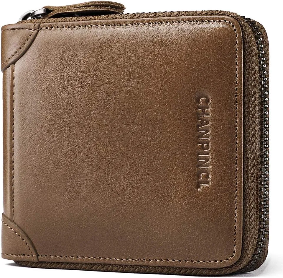 Mens Genuine Leather Zipper Wallet RFID Secure Large Capacity Double Fold Multi-card Leather Wallets for Men and coin purse