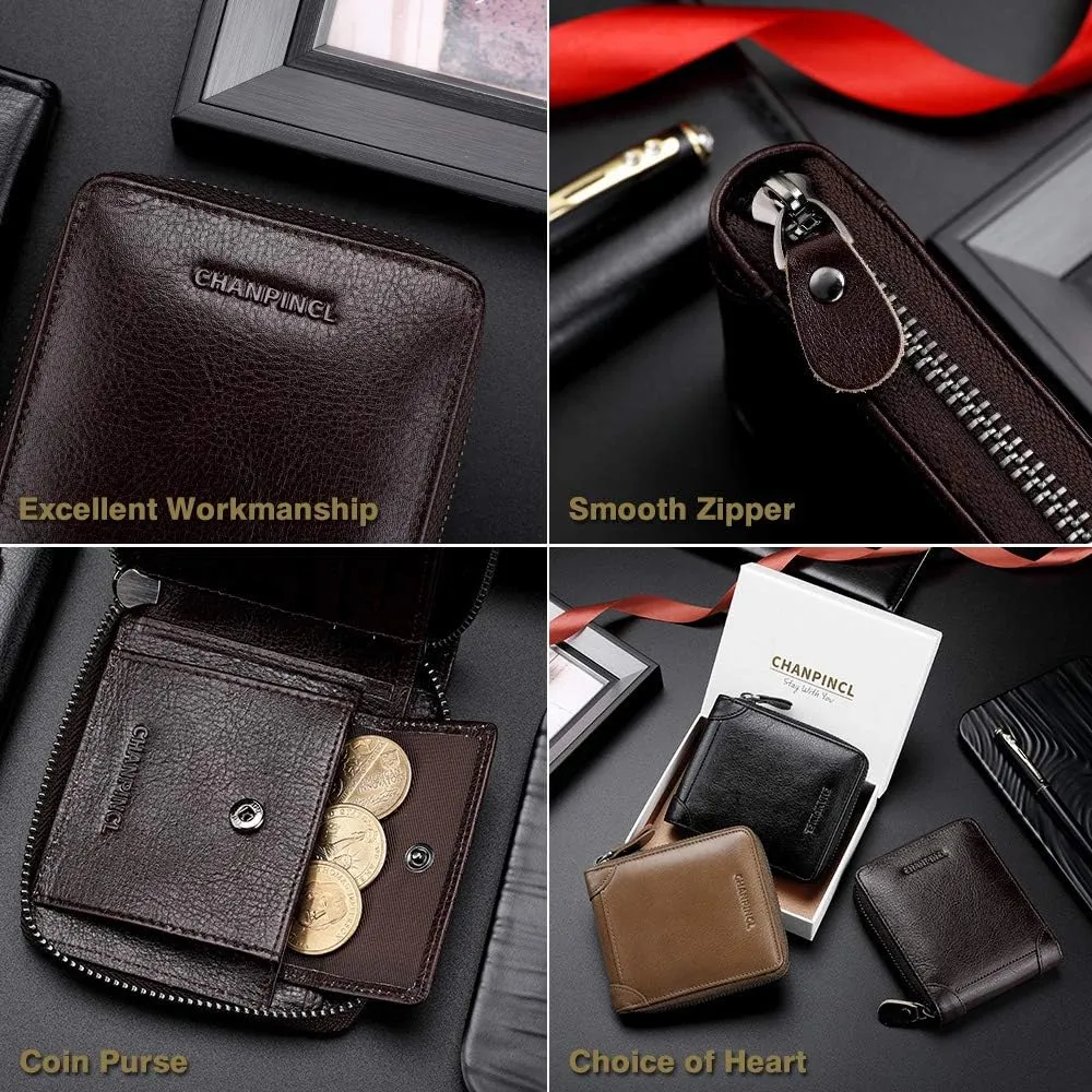 Mens Genuine Leather Zipper Wallet RFID Secure Large Capacity Double Fold Multi-card Leather Wallets for Men and coin purse