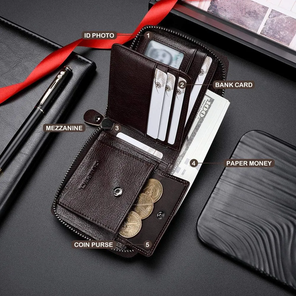 Mens Genuine Leather Zipper Wallet RFID Secure Large Capacity Double Fold Multi-card Leather Wallets for Men and coin purse
