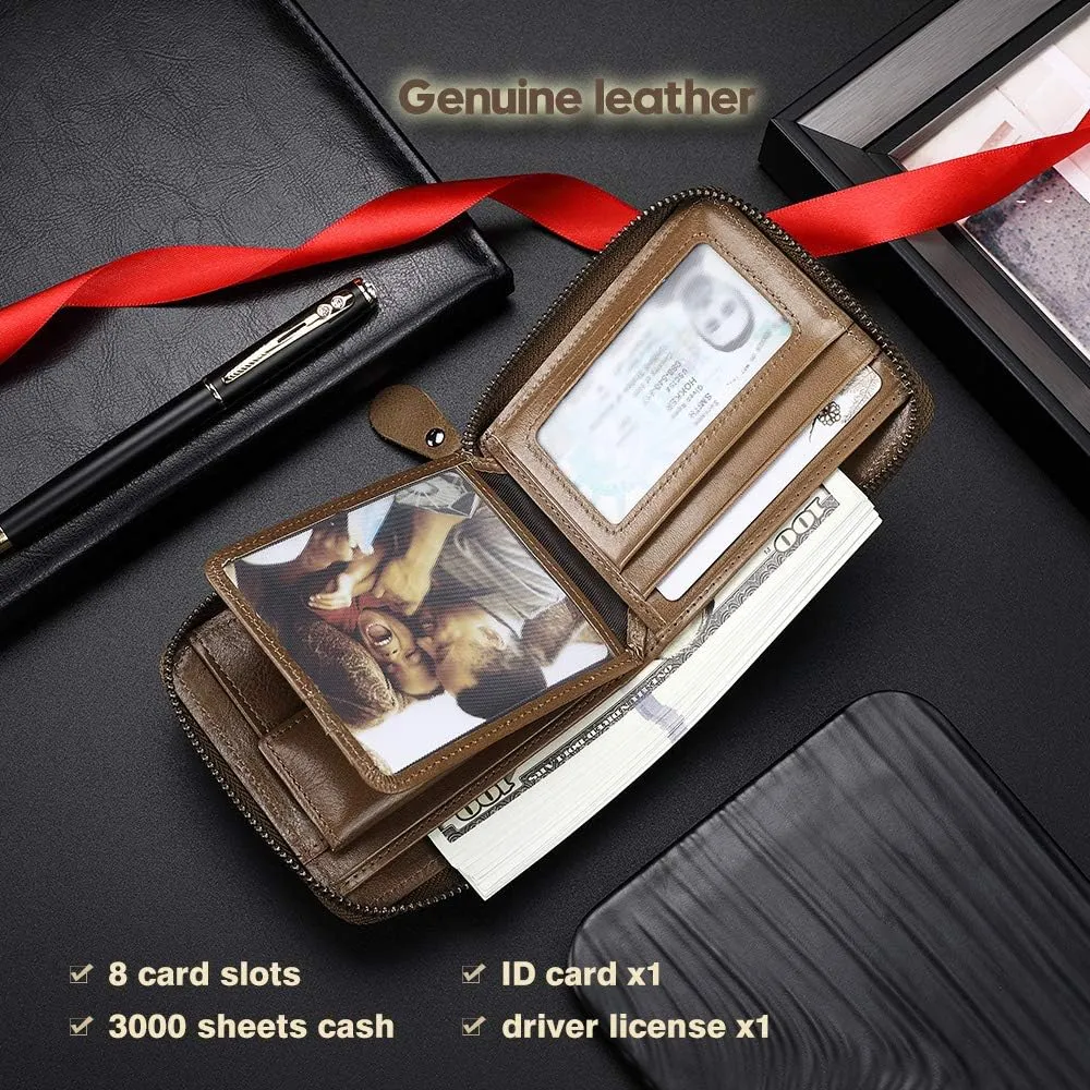Mens Genuine Leather Zipper Wallet RFID Secure Large Capacity Double Fold Multi-card Leather Wallets for Men and coin purse