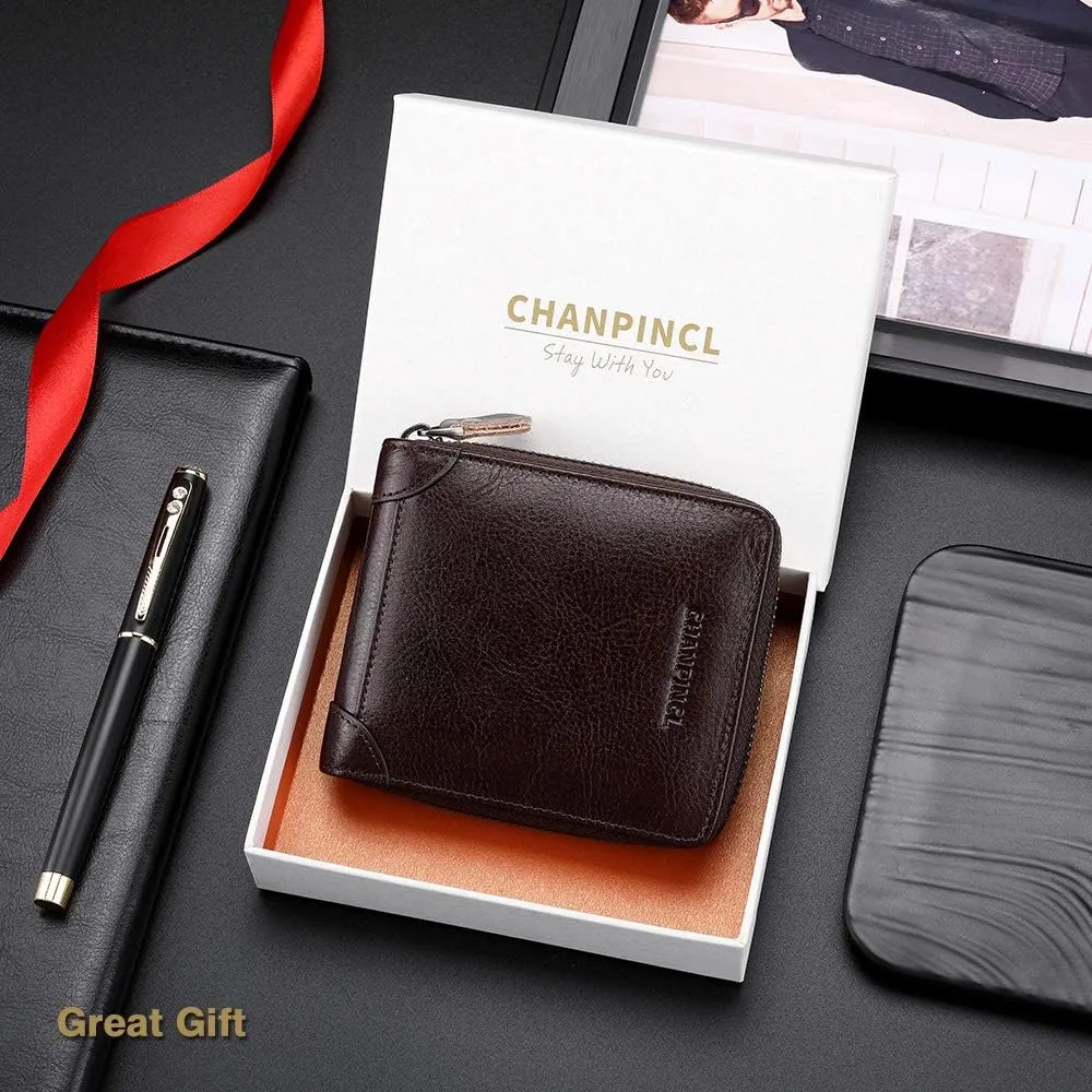 Mens Genuine Leather Zipper Wallet RFID Secure Large Capacity Double Fold Multi-card Leather Wallets for Men and coin purse