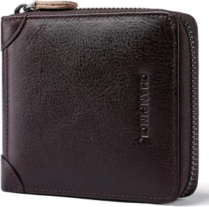 Mens Genuine Leather Zipper Wallet RFID Secure Large Capacity Double Fold Multi-card Leather Wallets for Men and coin purse