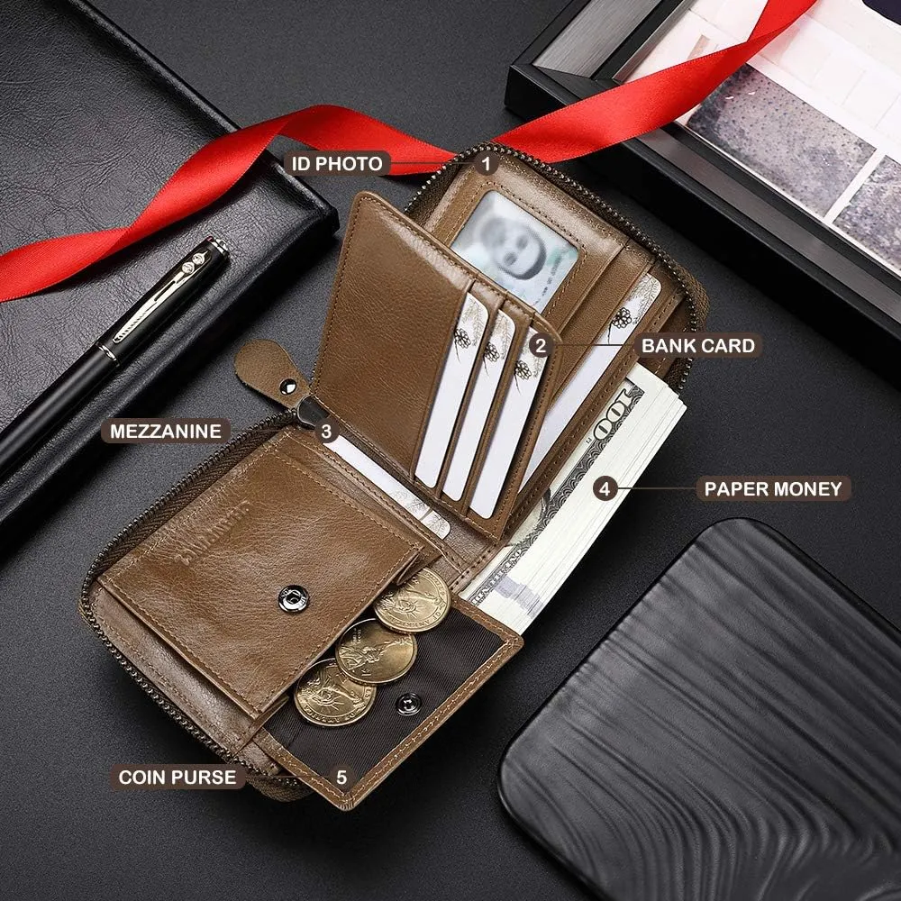 Mens Genuine Leather Zipper Wallet RFID Secure Large Capacity Double Fold Multi-card Leather Wallets for Men and coin purse