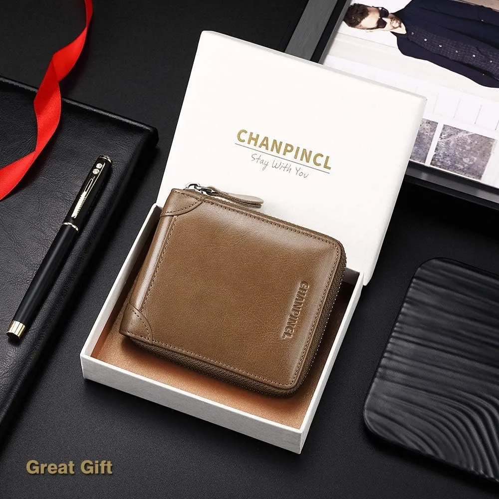 Mens Genuine Leather Zipper Wallet RFID Secure Large Capacity Double Fold Multi-card Leather Wallets for Men and coin purse