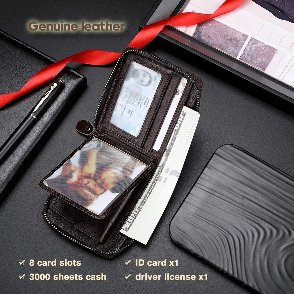 Mens Genuine Leather Zipper Wallet RFID Secure Large Capacity Double Fold Multi-card Leather Wallets for Men and coin purse