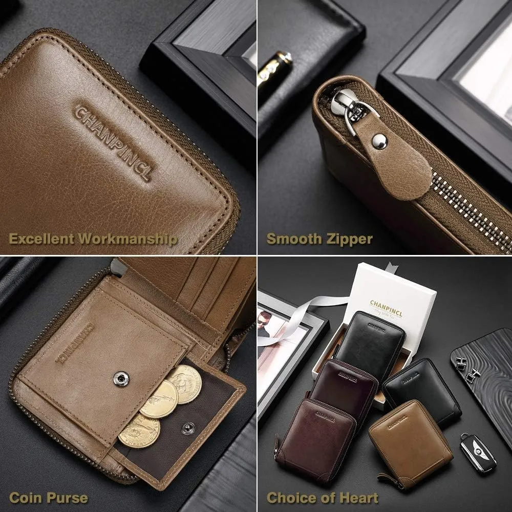 Mens Genuine Leather Zipper Wallet RFID Secure Large Capacity Double Fold Multi-card Leather Wallets for Men and coin purse