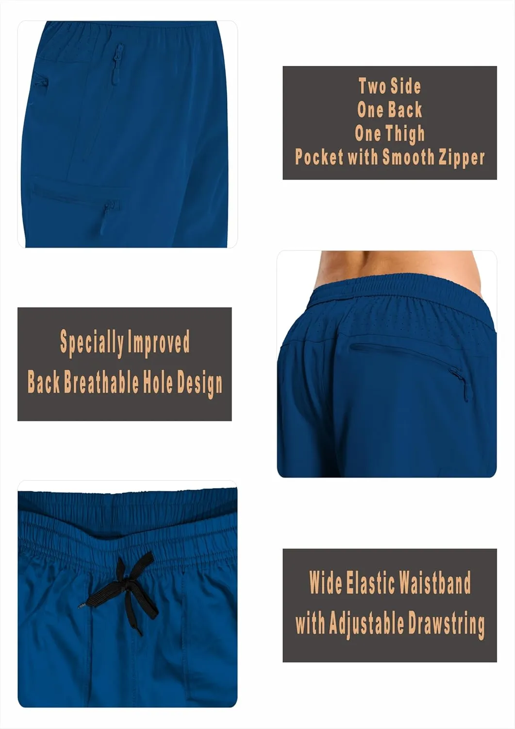Mens Hybrid Shorts for Running Athletic Hiking Sports Workout Quick Dry Lightweight Breathable with 4 Zipper Pocket