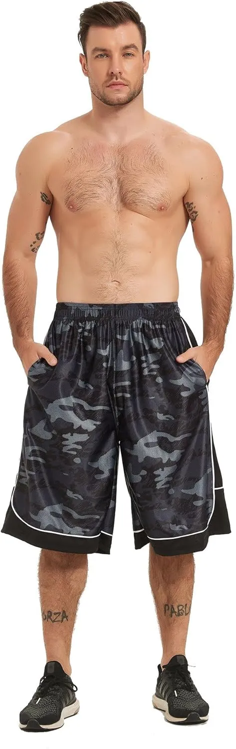 Men's Long Athletic Shorts Basketball Gym Quick Dry Camo Shorts with Pockets