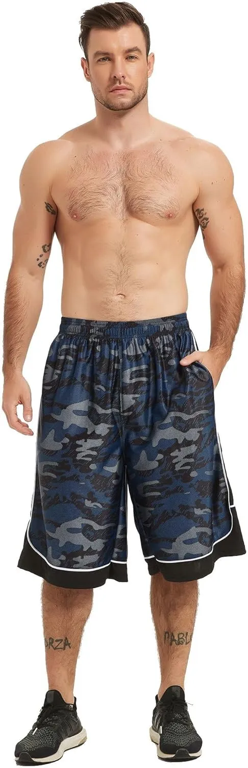 Men's Long Athletic Shorts Basketball Gym Quick Dry Camo Shorts with Pockets