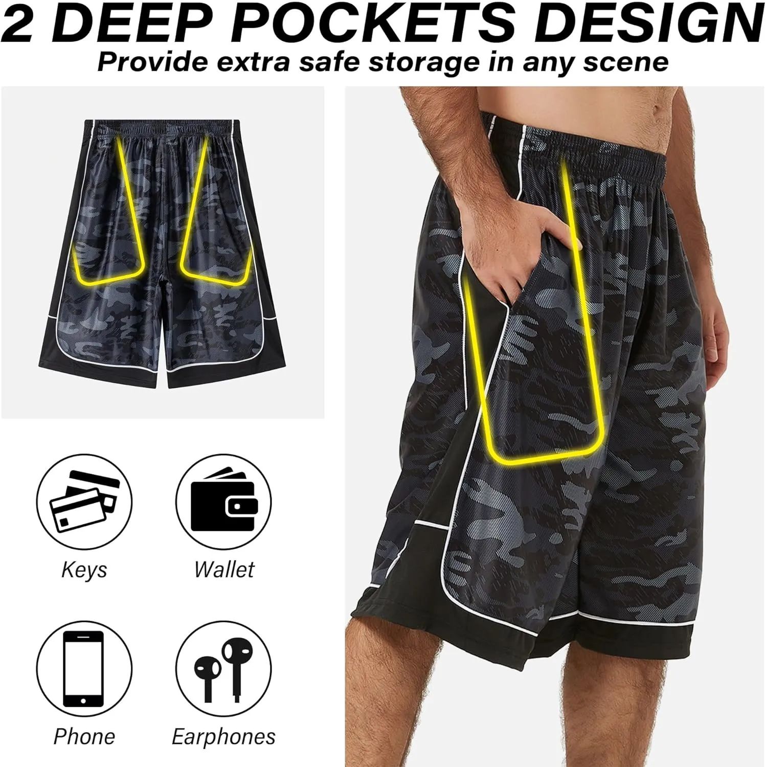 Men's Long Athletic Shorts Basketball Gym Quick Dry Camo Shorts with Pockets