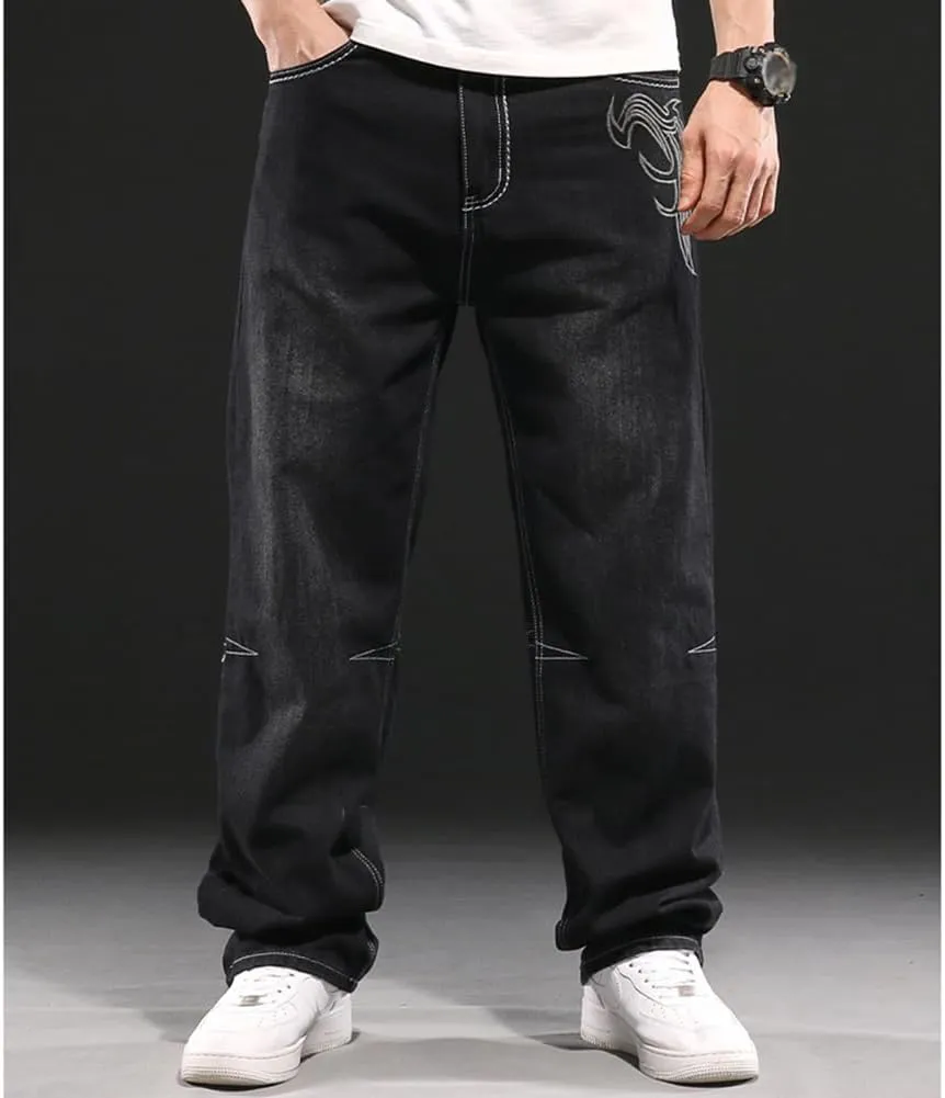 Mens Loose Fit Hip Hop Jeans Casual Cargo Denim Pants with Multi Pockets